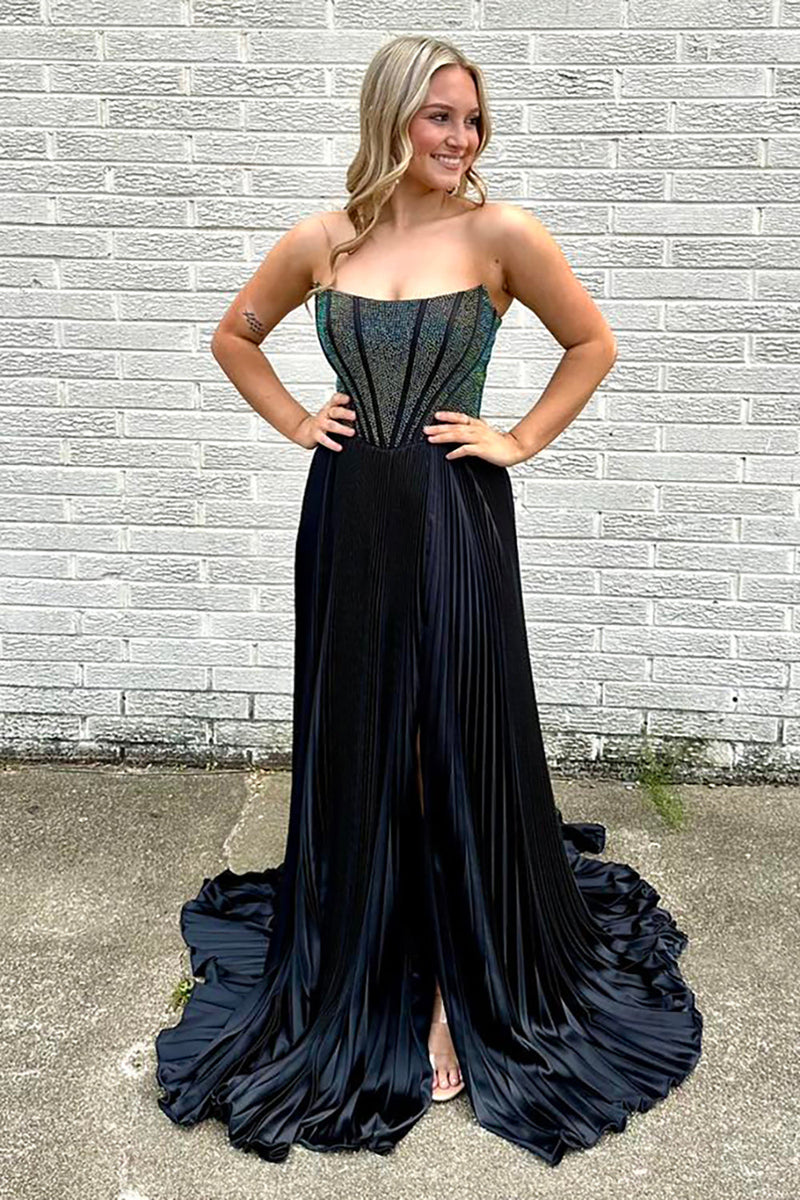 Load image into Gallery viewer, Sparkly Black Beaded Pleated Long Corset Formal Dress with Slit