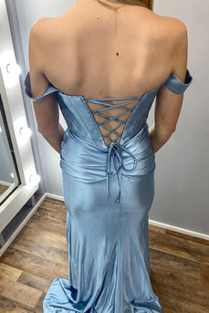 Grey Blue Off the Shoulder Mermaid Long Corset Formal Dress with Slit