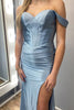 Load image into Gallery viewer, Grey Blue Off the Shoulder Mermaid Long Corset Formal Dress with Slit