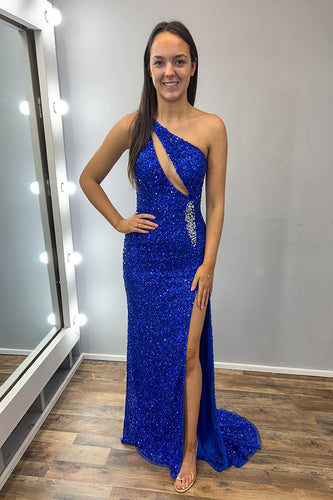 Sparkly Royal Blue Sequin One Shoulder Long Formal Dress with Slit