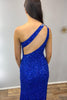 Load image into Gallery viewer, Sparkly Royal Blue Sequin One Shoulder Long Formal Dress with Slit