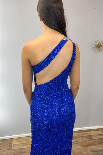 Sparkly Royal Blue Sequin One Shoulder Long Formal Dress with Slit