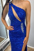 Load image into Gallery viewer, Sparkly Royal Blue Sequin One Shoulder Long Formal Dress with Slit