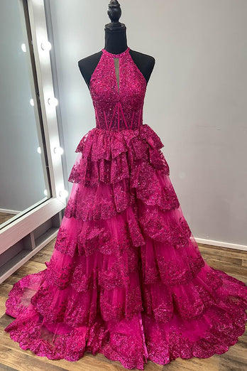 Sparkly Fuchsia Halter Tiered Long Corset Formal Dress with Slit