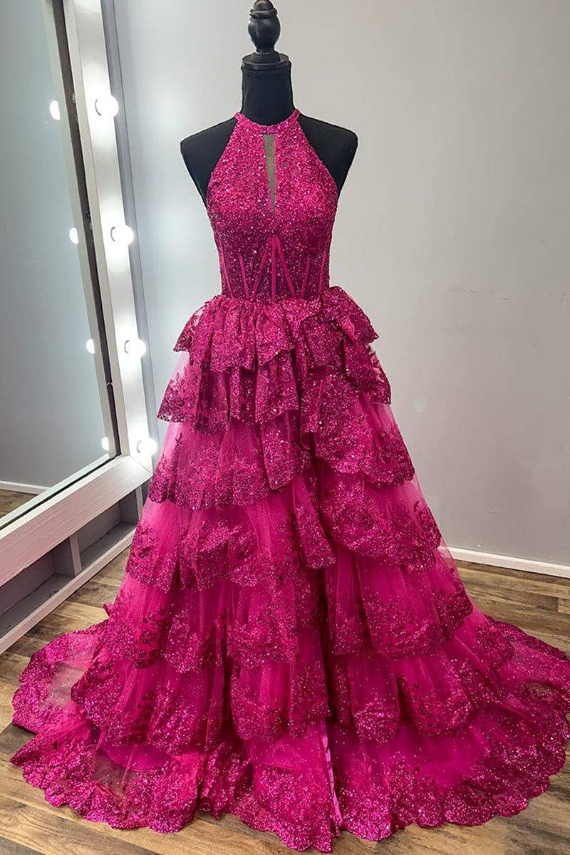 Load image into Gallery viewer, Sparkly Fuchsia Halter Tiered Long Corset Formal Dress with Slit