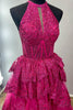 Load image into Gallery viewer, Sparkly Fuchsia Halter Tiered Long Corset Formal Dress with Slit