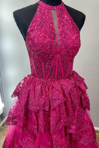 Sparkly Fuchsia Halter Tiered Long Corset Formal Dress with Slit