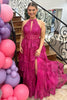 Load image into Gallery viewer, Sparkly Fuchsia Halter Tiered Long Corset Formal Dress with Slit