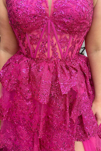 Sparkly Fuchsia Halter Tiered Long Corset Formal Dress with Slit