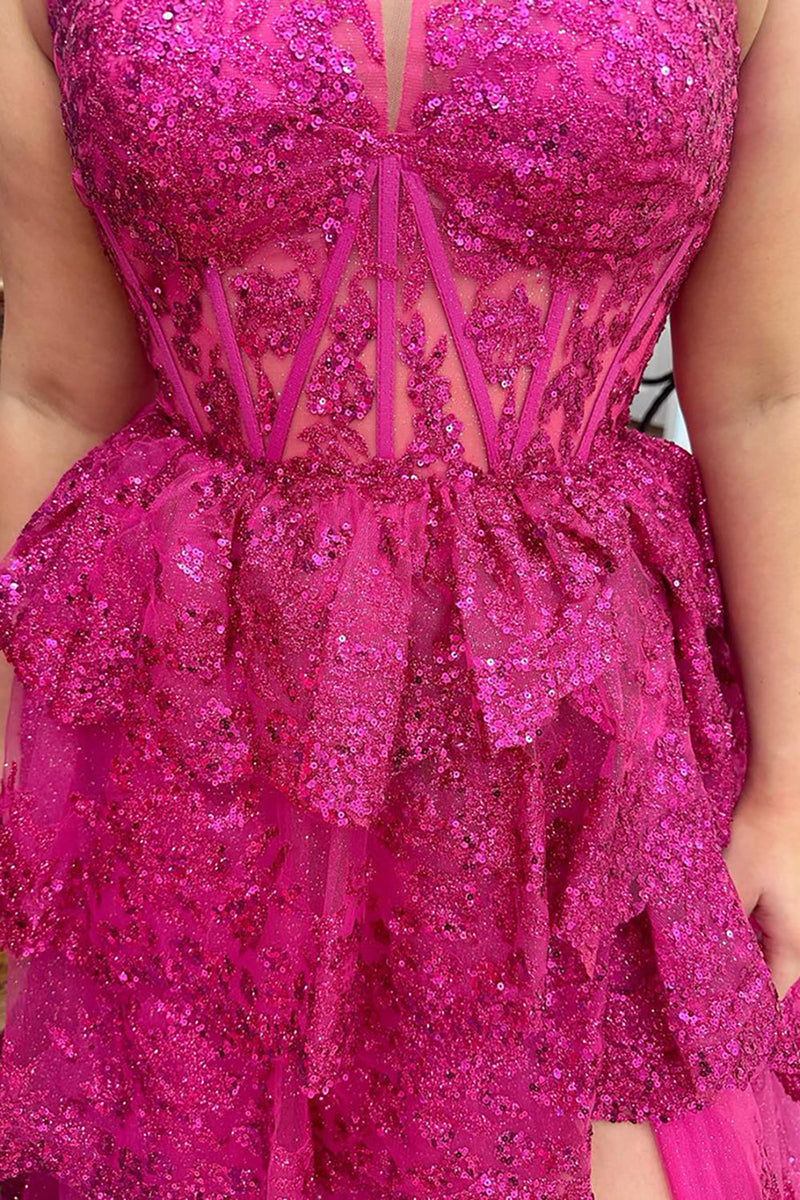 Load image into Gallery viewer, Sparkly Fuchsia Halter Tiered Long Corset Formal Dress with Slit