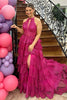 Load image into Gallery viewer, Sparkly Fuchsia Halter Tiered Long Corset Formal Dress with Slit