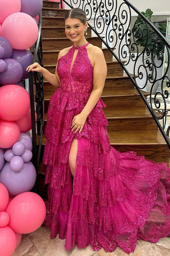 Sparkly Fuchsia Halter Tiered Long Corset Formal Dress with Slit