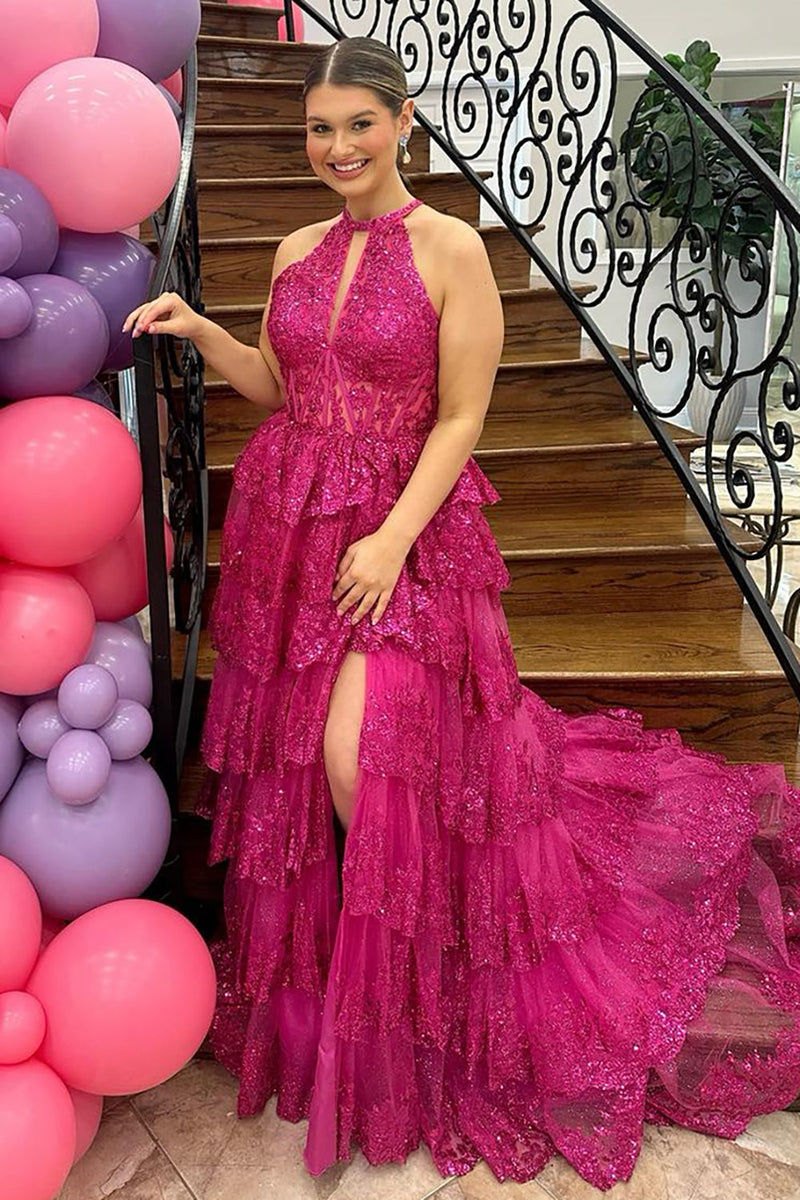 Load image into Gallery viewer, Sparkly Fuchsia Halter Tiered Long Corset Formal Dress with Slit