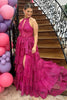 Load image into Gallery viewer, Sparkly Fuchsia Halter Tiered Long Corset Formal Dress with Slit