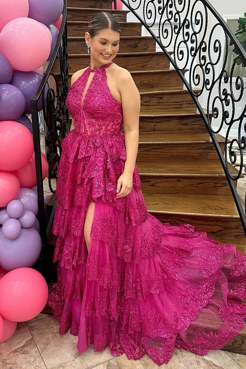 Load image into Gallery viewer, Sparkly Fuchsia Halter Tiered Long Corset Formal Dress with Slit