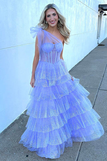 Sparkly Lilac A Line Tiered One Shoulder Long Corset Formal Dress