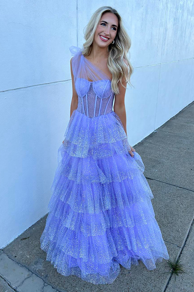 Load image into Gallery viewer, Sparkly Lilac A Line Tiered One Shoulder Long Corset Formal Dress