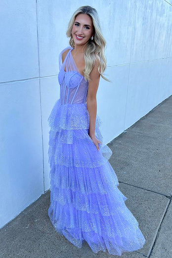 Sparkly Lilac A Line Tiered One Shoulder Long Corset Formal Dress