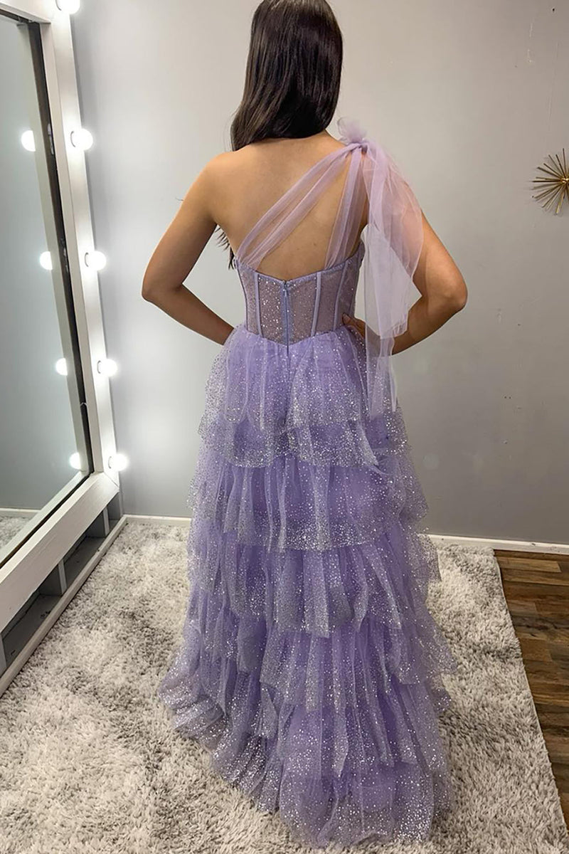 Load image into Gallery viewer, Sparkly Lilac A Line Tiered One Shoulder Long Corset Formal Dress