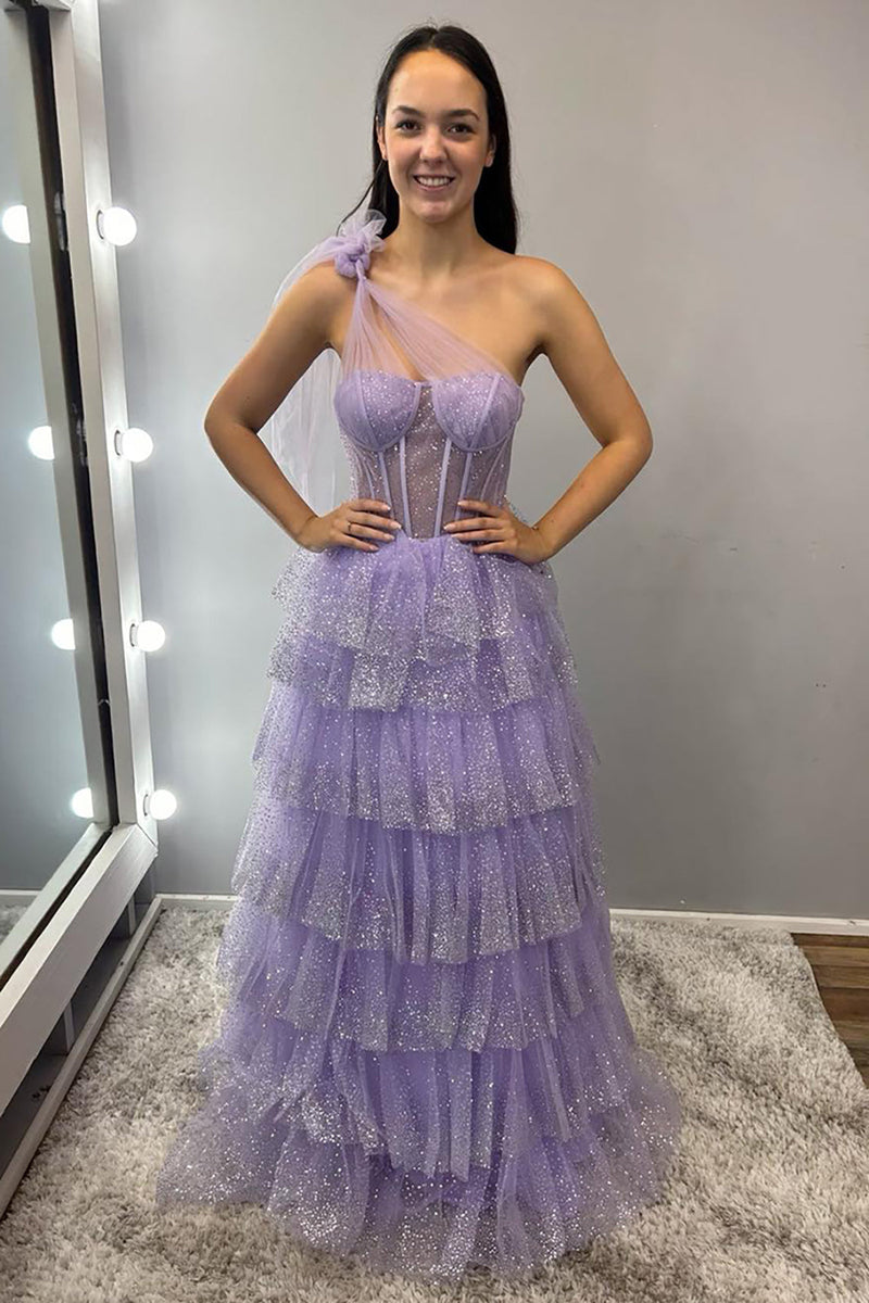 Load image into Gallery viewer, Sparkly Lilac A Line Tiered One Shoulder Long Corset Formal Dress