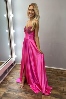 Sparkly Fuchsia Strapless A Line Satin Long Corset Formal Dress with Slit