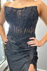 Load image into Gallery viewer, Floral Black Mermaid Strapless Long Satin Formal Dress with Slit