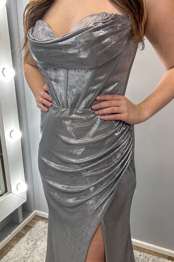 Sparkly Grey Mermaid Sweetheart Long Corset Formal Dress with Slit