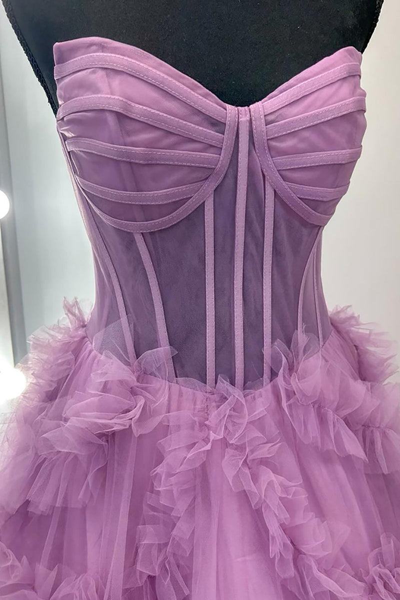 Load image into Gallery viewer, Taro Purple Ruffled A Line Strapless Long Corset Formal Dress