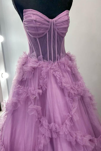 Taro Purple Ruffled A Line Strapless Long Corset Formal Dress