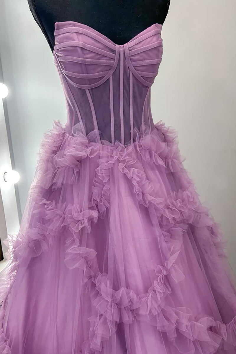 Load image into Gallery viewer, Taro Purple Ruffled A Line Strapless Long Corset Formal Dress