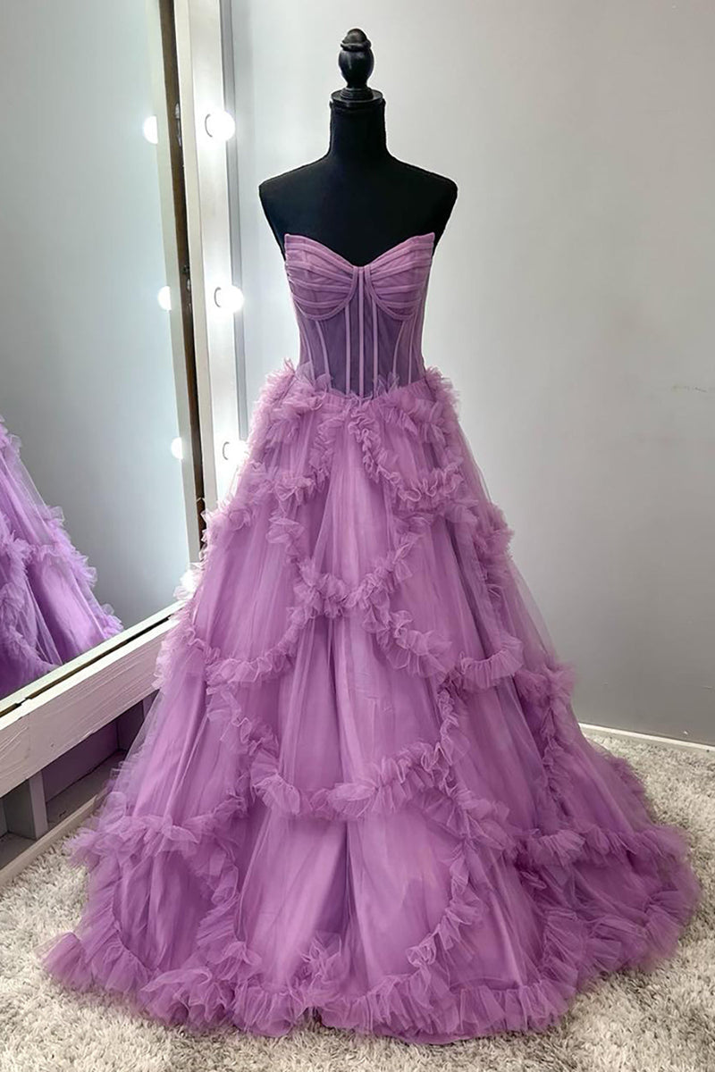 Load image into Gallery viewer, Taro Purple Ruffled A Line Strapless Long Corset Formal Dress