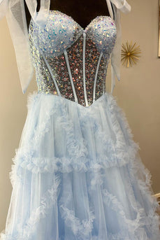 Sparkly Light Blue Ruffled Beaded Long Corset Formal Dress