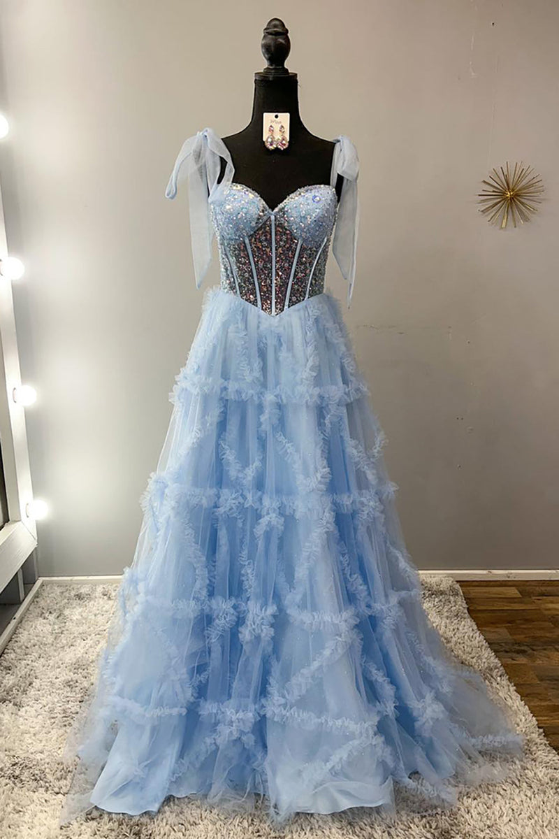 Load image into Gallery viewer, Sparkly Light Blue Ruffled Beaded Long Corset Formal Dress