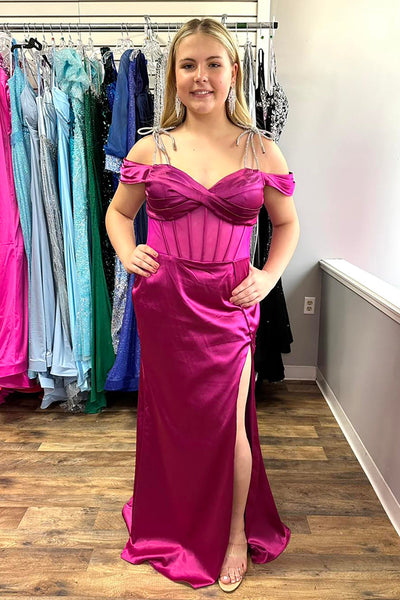 Fuchsia Off the Shoulder Satin Long Corset Formal Dress with Slit