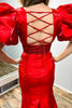 Load image into Gallery viewer, Sparkly Red V-Neck Puff Sleeves Long Beaded Formal Dress with Slit