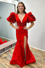 Load image into Gallery viewer, Sparkly Red V-Neck Puff Sleeves Long Beaded Formal Dress with Slit