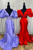 Load image into Gallery viewer, Sparkly Red V-Neck Puff Sleeves Long Beaded Formal Dress with Slit