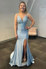 Load image into Gallery viewer, Sparkly Grey Blue Spaghetti Straps Long Beaded Formal Dress with Slit