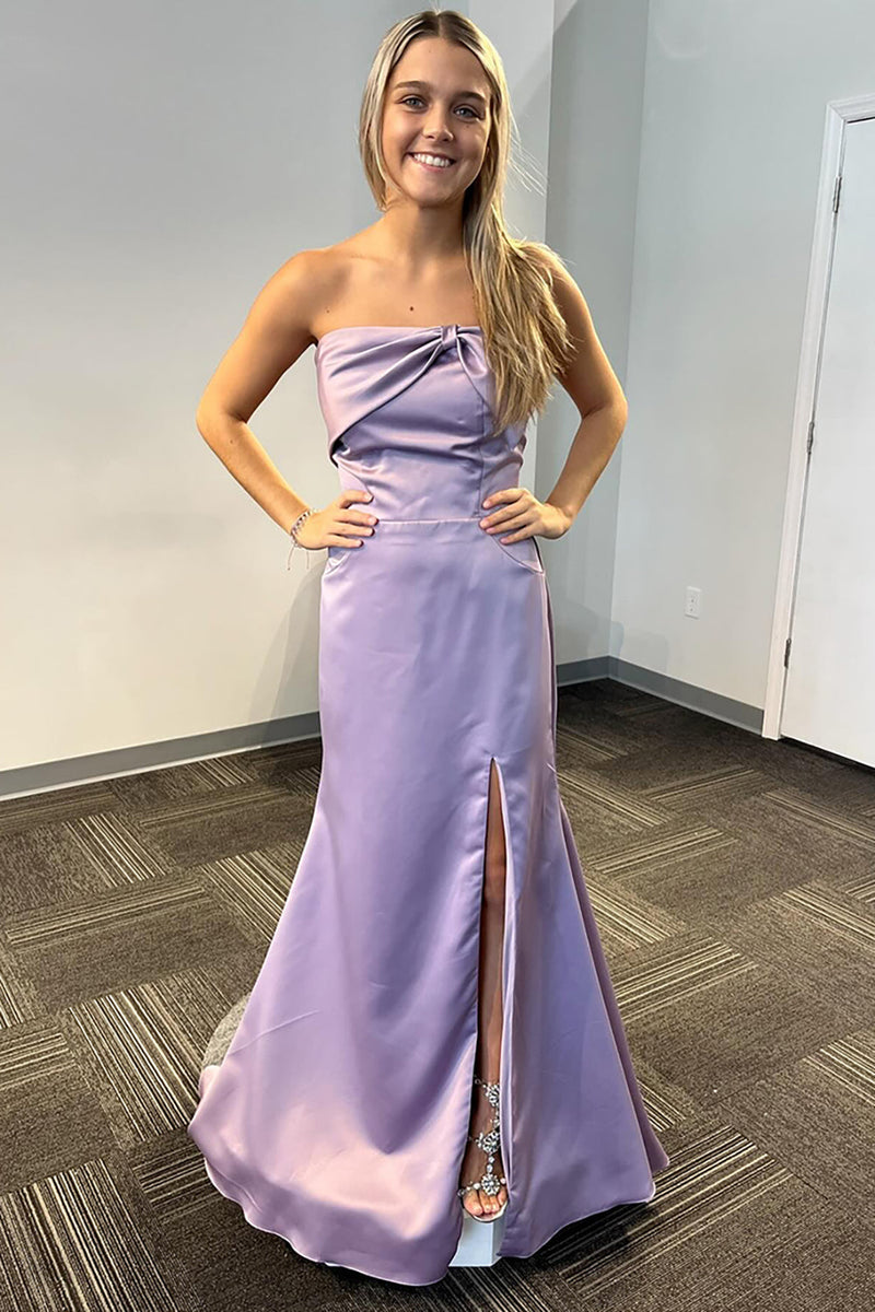 Load image into Gallery viewer, Lilac Mermaid Strapless Long Satin Formal Dress with Slit