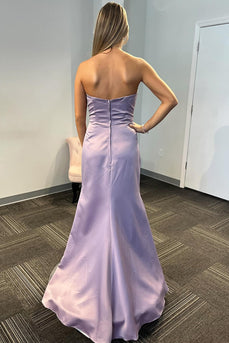 Lilac Mermaid Strapless Long Satin Formal Dress with Slit