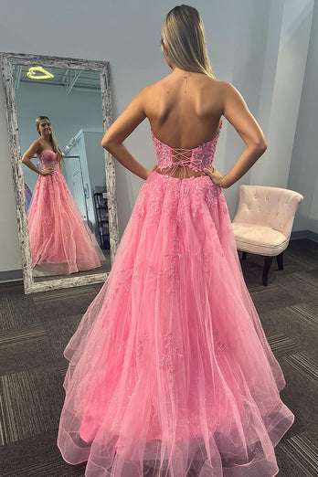 Sparkly Pink Sweetheart Tulle Long Corset Formal Dress with Appliques