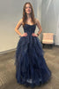 Load image into Gallery viewer, Sparkly Navy Strapless A Line Tiered Long Tulle Formal Dress