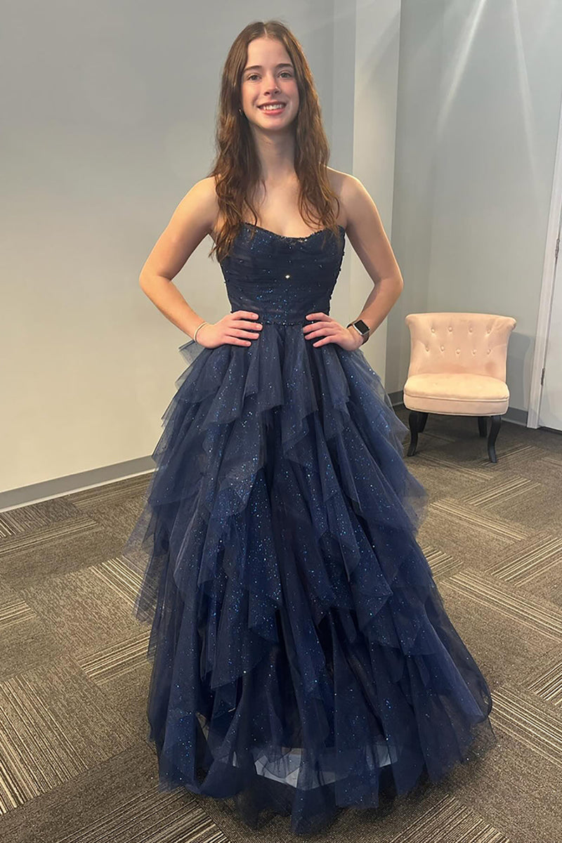 Load image into Gallery viewer, Sparkly Navy Strapless A Line Tiered Long Tulle Formal Dress