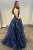 Load image into Gallery viewer, Sparkly Navy Strapless A Line Tiered Long Tulle Formal Dress