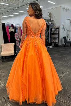 Sparkly Orange Floral Corset Long Tulle Formal Dress