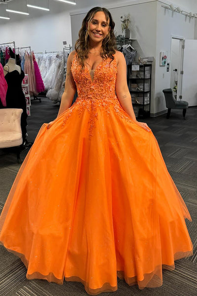 Sparkly Orange Floral Corset Long Tulle Formal Dress