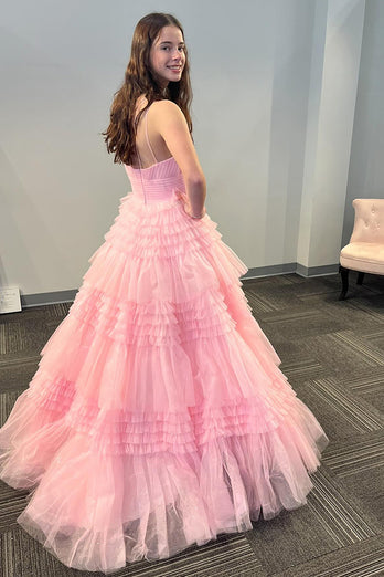 Light Pink A Line One Shoulder Tiered Long Tulle Formal Dress