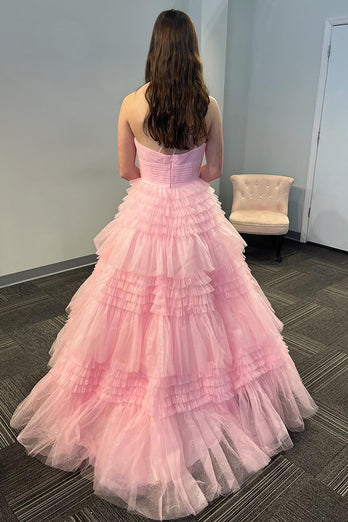 Light Pink A Line One Shoulder Tiered Long Tulle Formal Dress