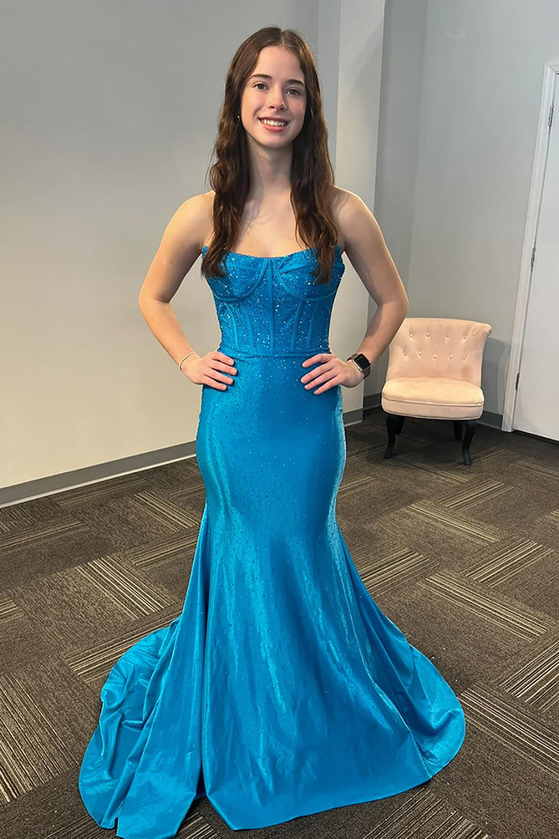 Load image into Gallery viewer, Sparkly Blue Beaded Corset Strapless Long Satin Formal Dress