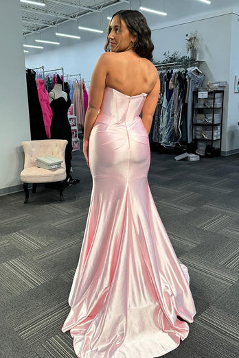 Light Pink Sweetheart Satin Long Corset Prom Dress with Slit